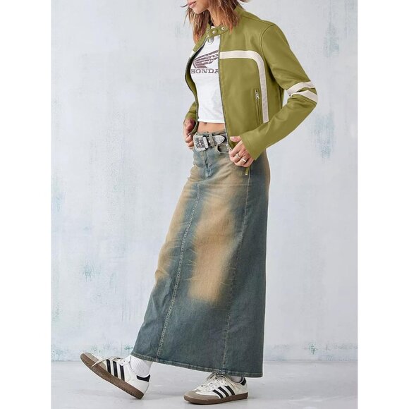 Women Green Faux Leather Zip Up Cropped Jacket Stand Collar Moto Coat - Picture 5 of 5
